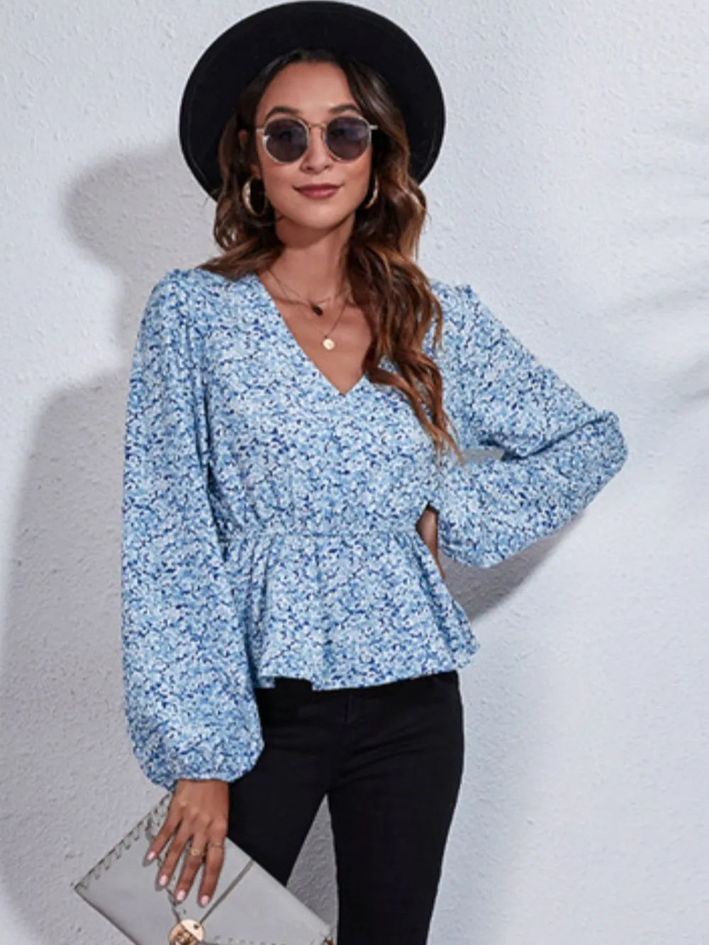 Ruched Printed V-Neck Long Sleeve Blouse nicholesgifts