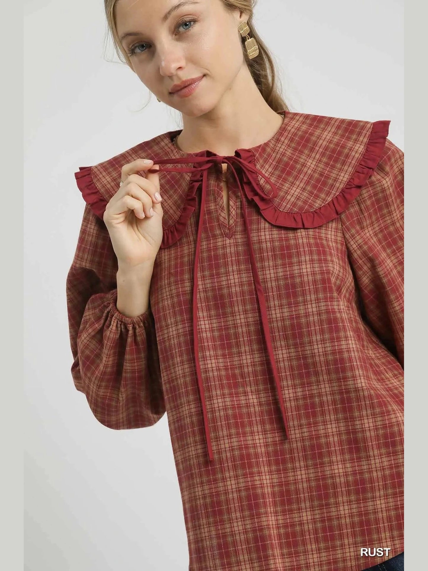 Umgee Full Size Plaid Ruffle Collar Blouse Plus Size NicholesGifts