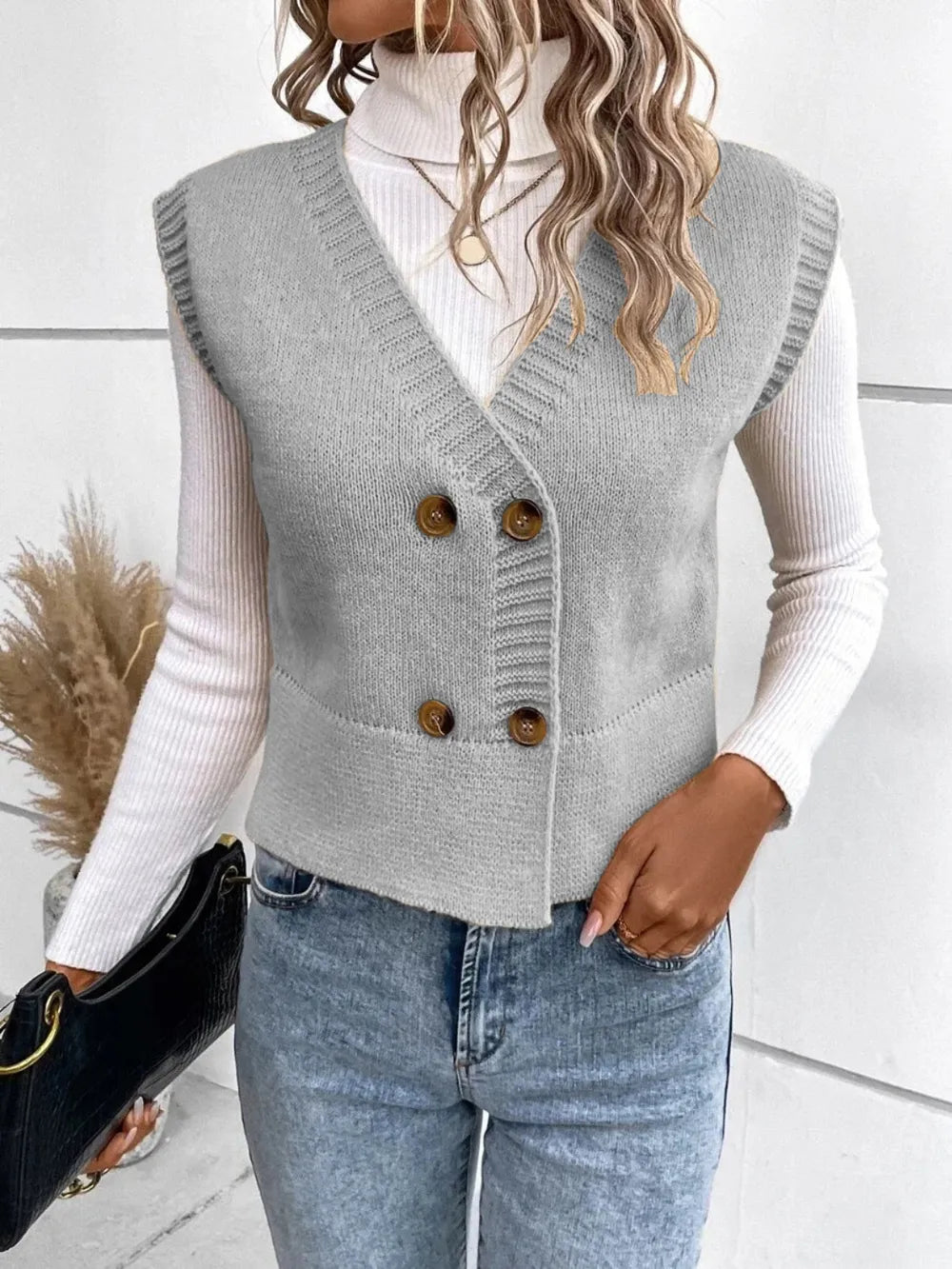 Full Size Button Up V-Neck Sweater Vest nicholesgifts