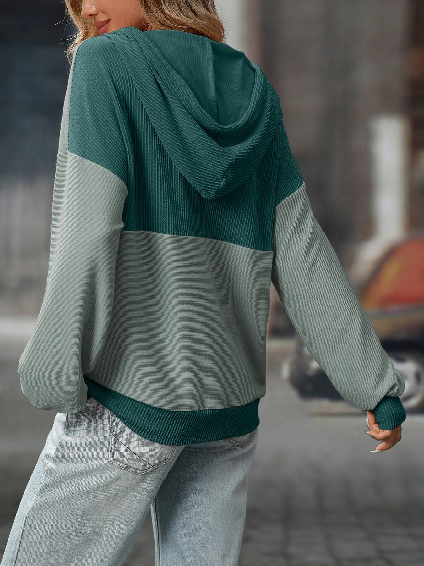 Drawstring Button Detail Long Sleeve Hoodie