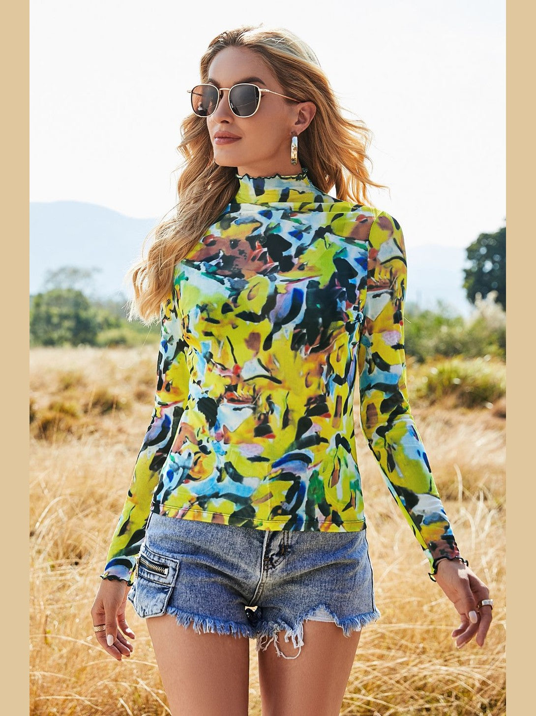 Printed Mock Neck Long Sleeve Blouse NicholesGifts