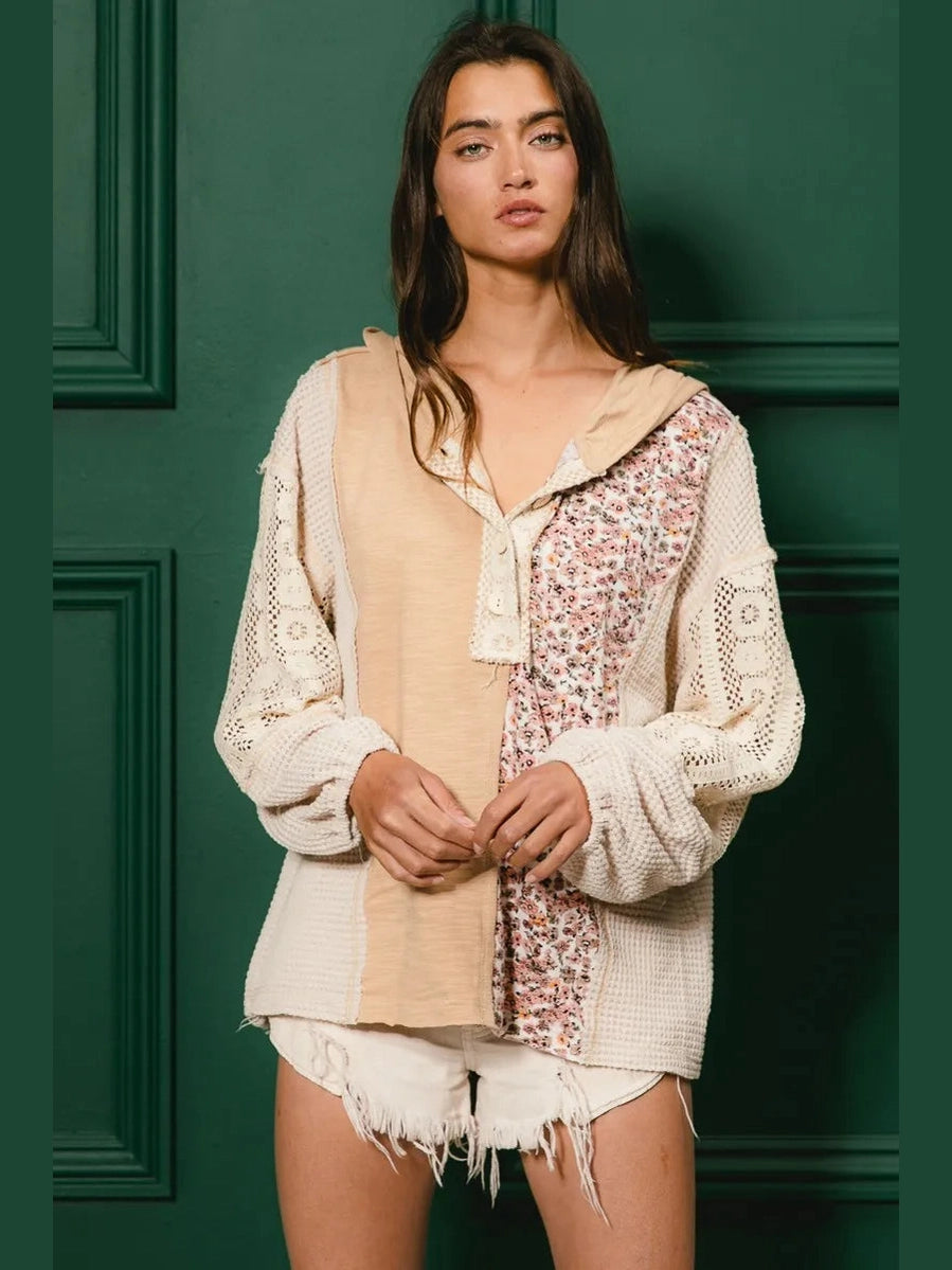 BiBi Slub Jersey with Lace Combo Buttoned Hoodie Top