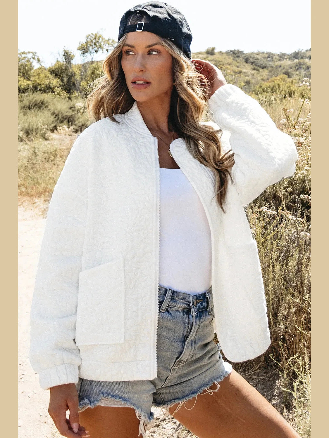 Baseball Collar Floral Quilted Jacket