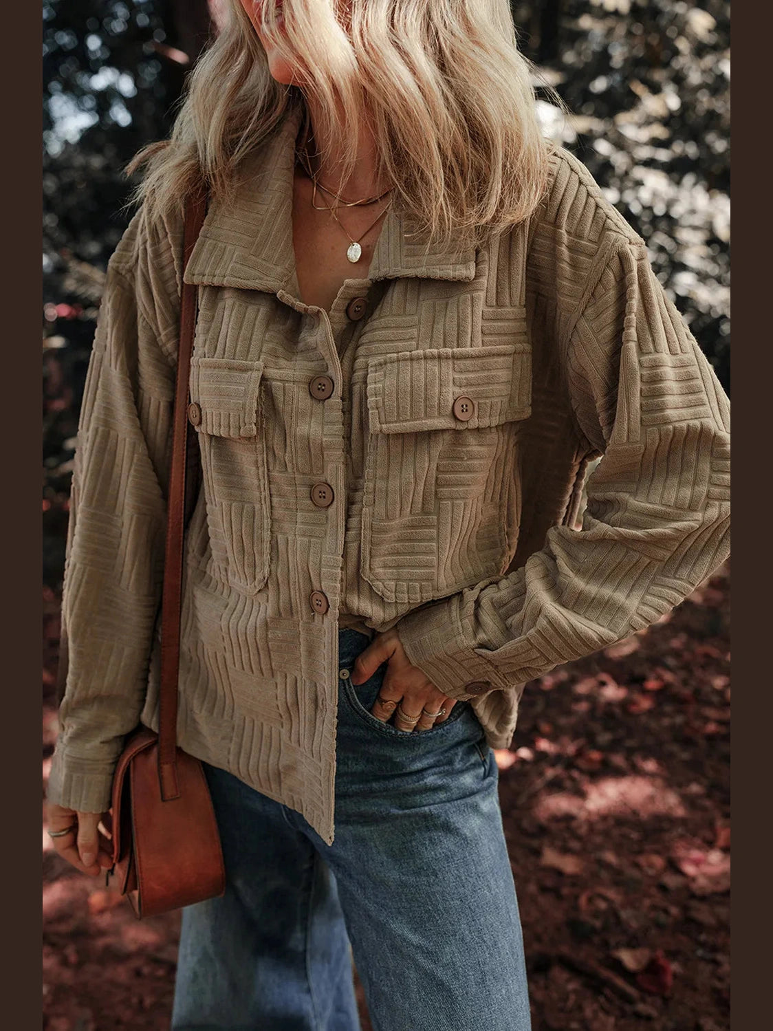 Textured Pocketed Collared Neck Long Sleeve Shacket Trendsi