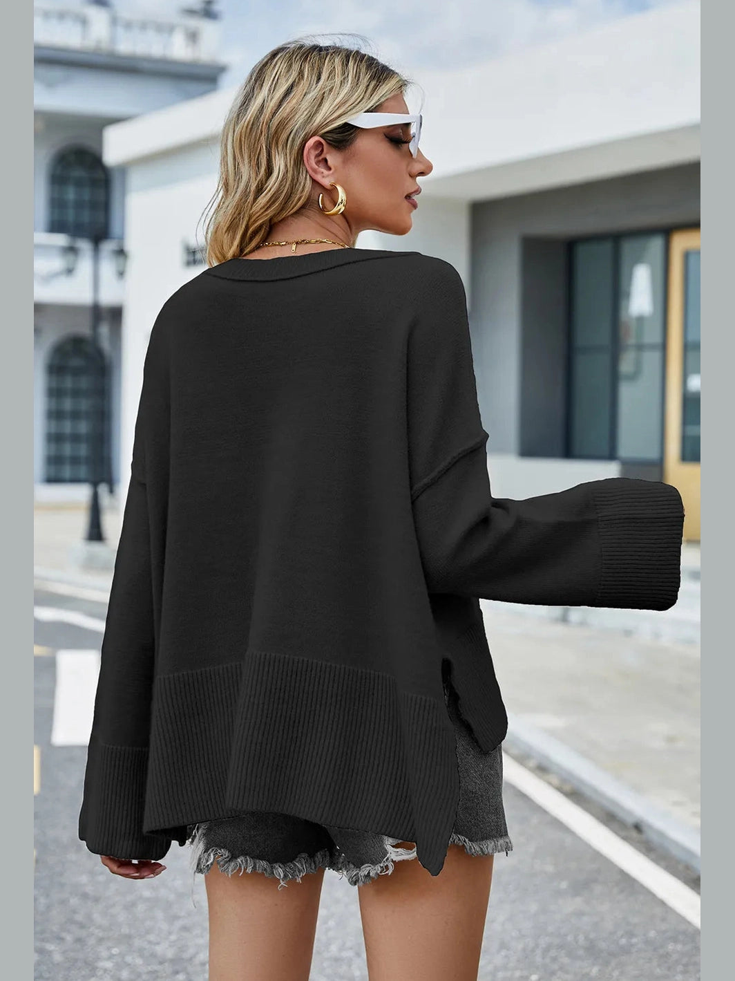 High-Low Slit Round Neck Long Sleeve Sweater nicholesgifts