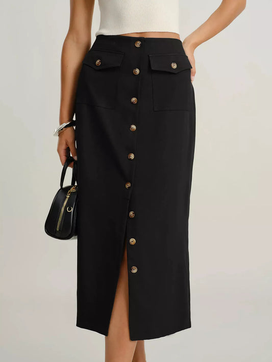 Women Button-Front Pocketed Midi Skirt nicholesgifts