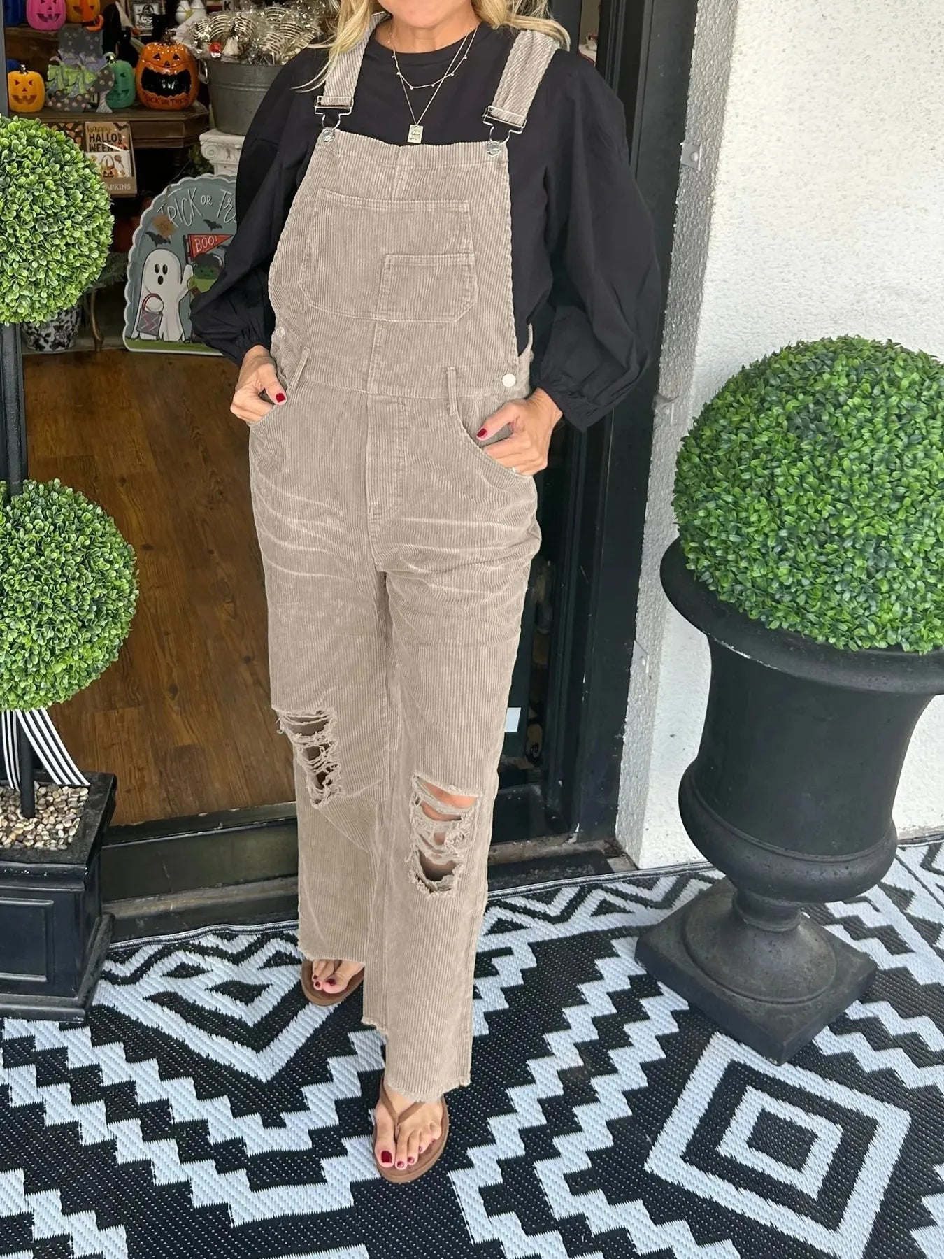 Distressed Wide Leg Corduroy Overalls nicholesgifts