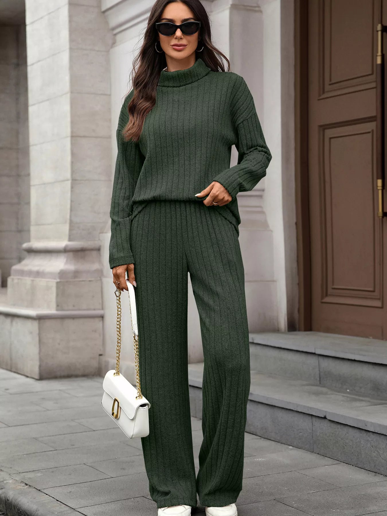 Ribbed Turtleneck Dropped Shoulder Top and Pants Sweater Set Trendsi