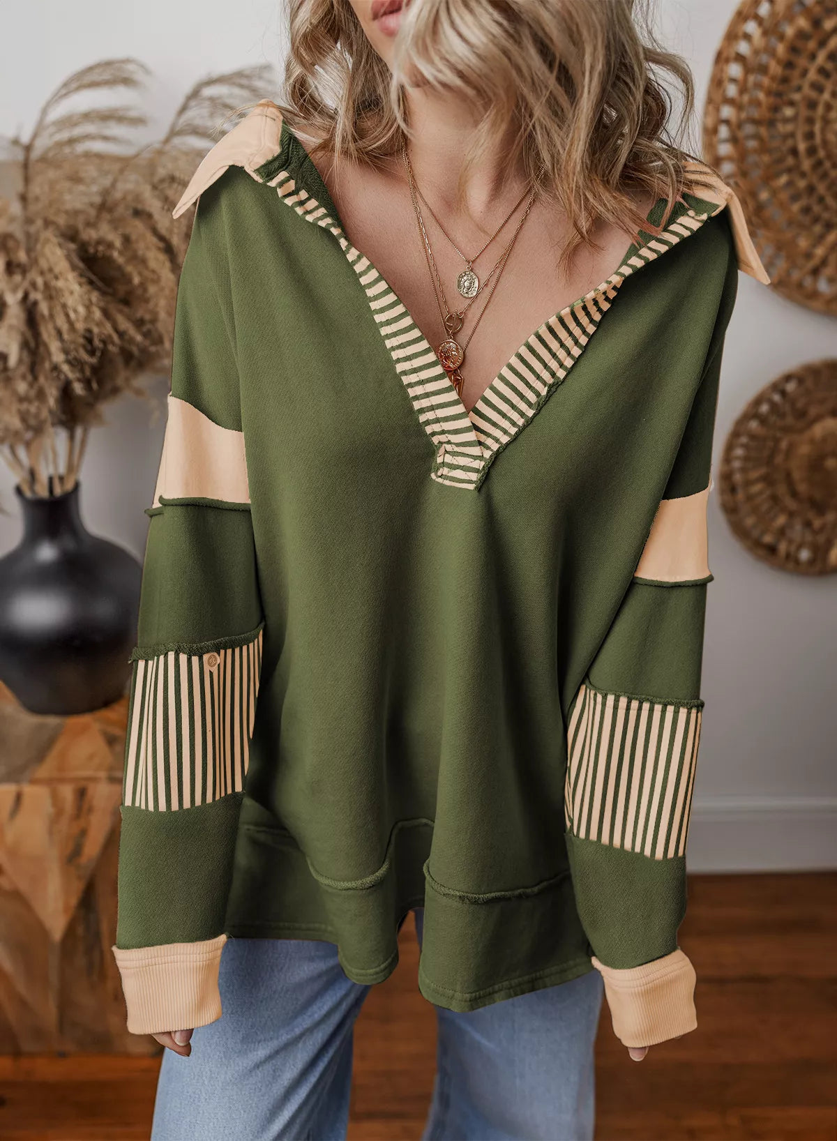 Color Block Striped Johnny Collar Sweatshirt nicholesgifts