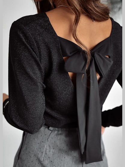 Women Bowknot V-Neck Long Sleeve Blouse nicholesgifts