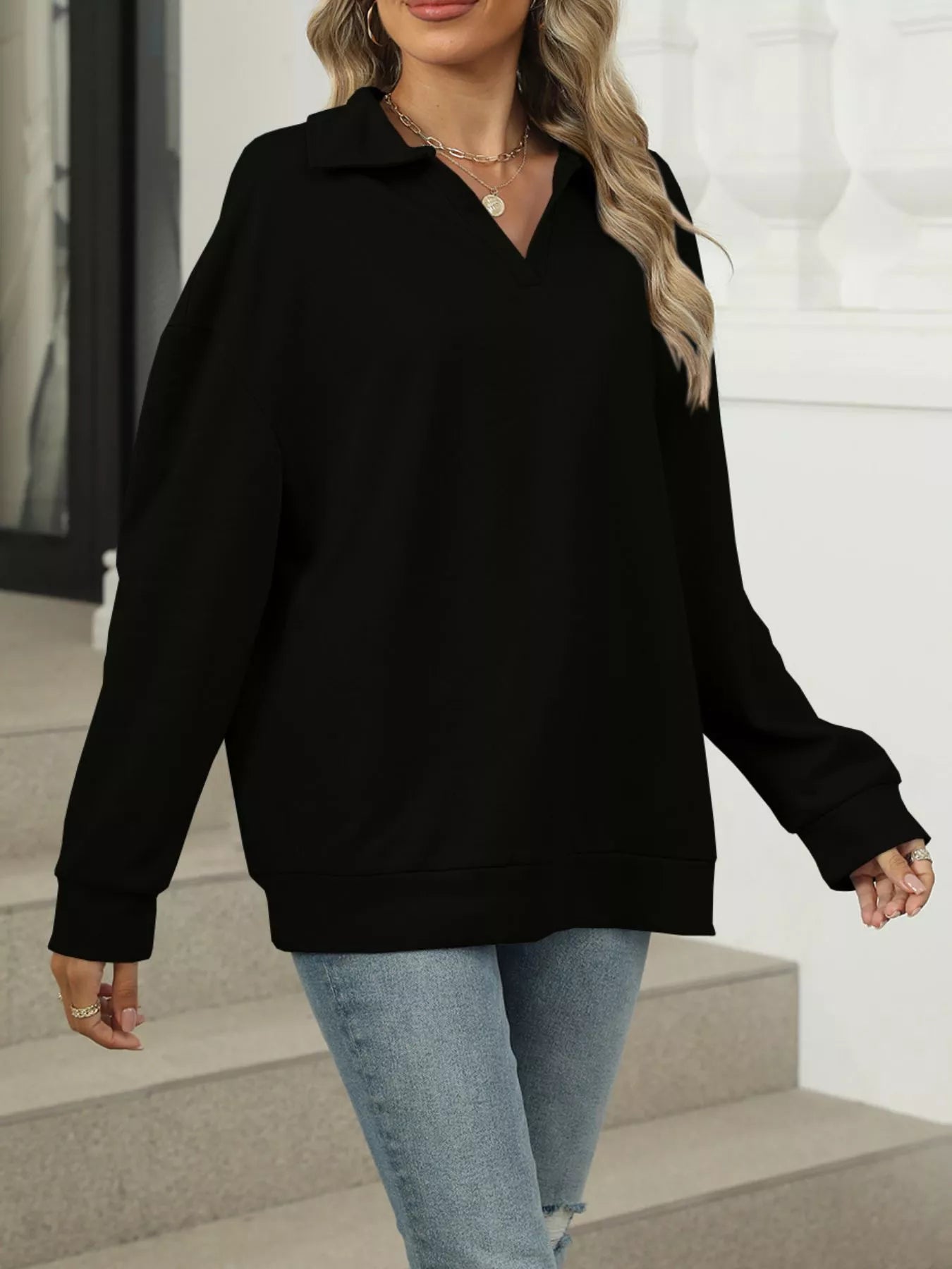 Johnny Collar Long Sleeve Sweatshirt Trendsi