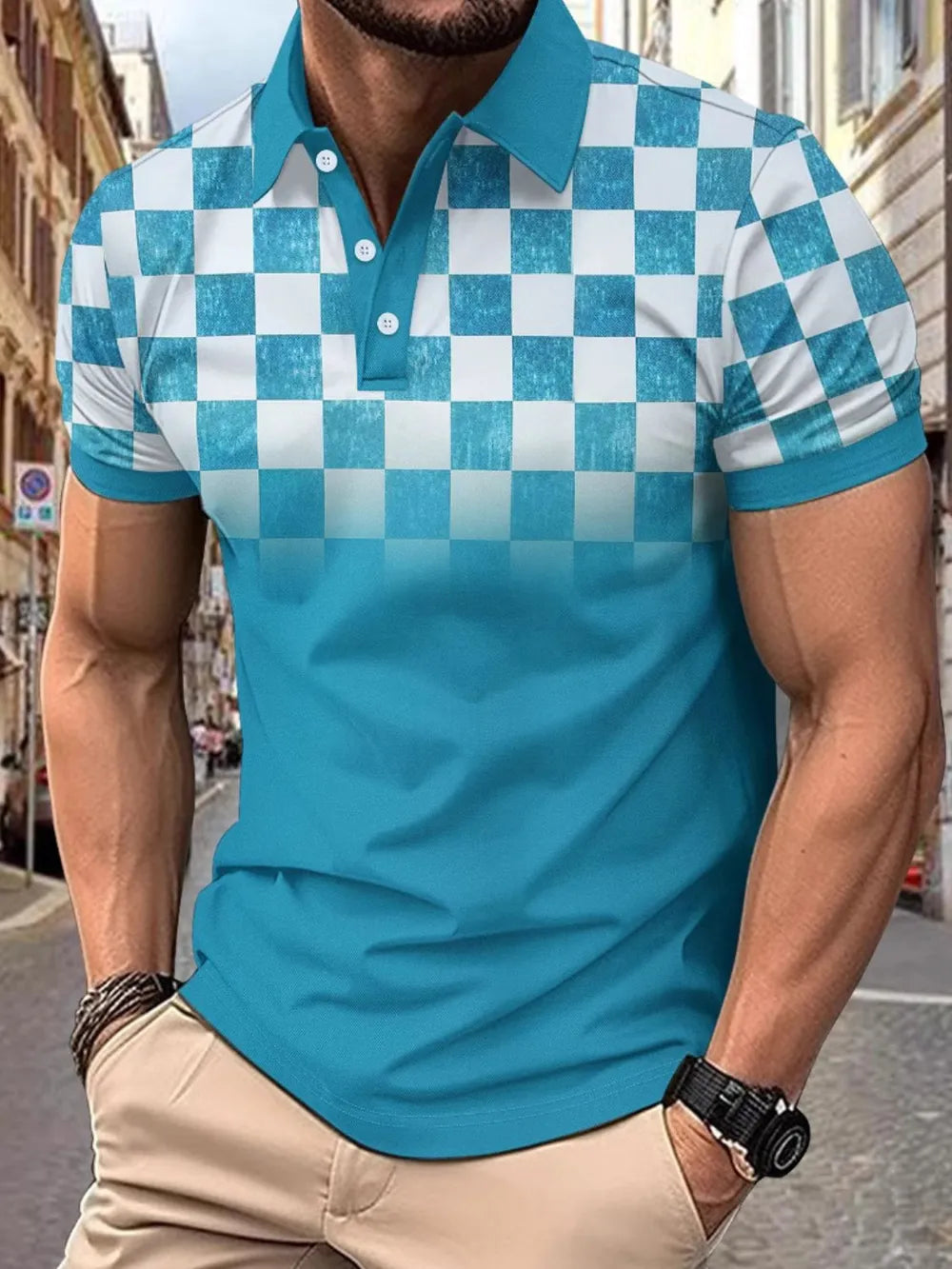 Men's Full Size Collared Checkered Short Sleeve Polo Plus Size NicholesGifts