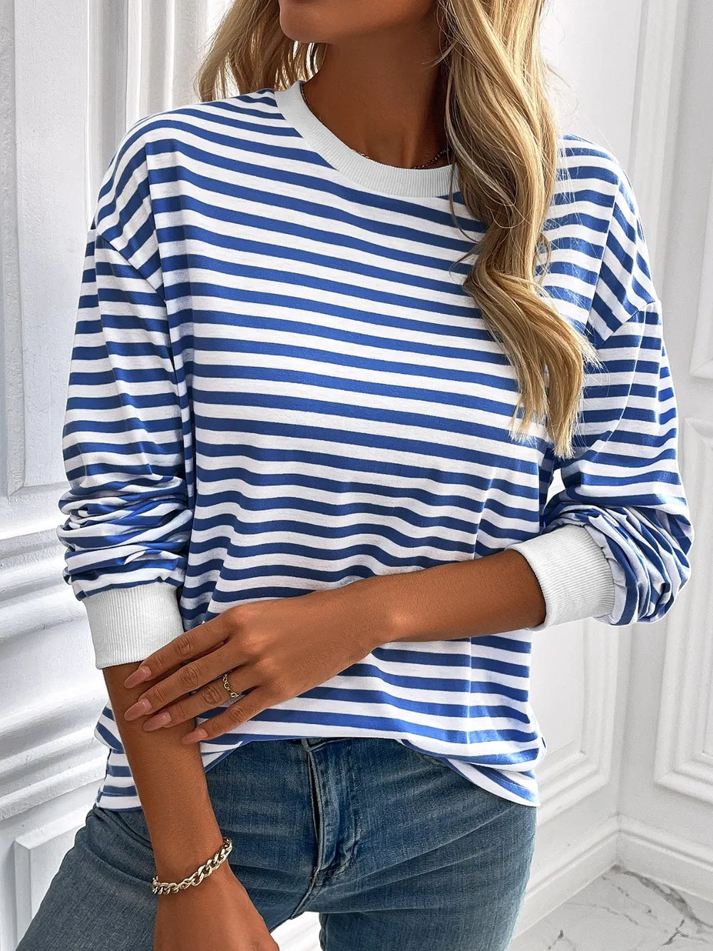 Ivy Lane Striped Round Neck Long Sleeve Sweatshirt Trendsi