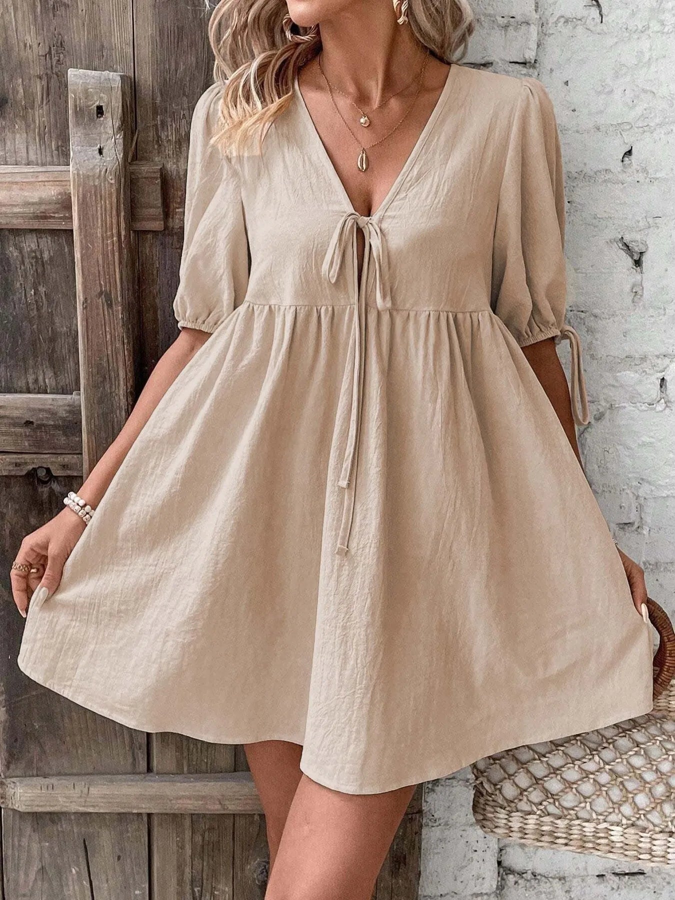 V-Neck Tie-Front Mini Dress with Puff Sleeves NicholesGifts