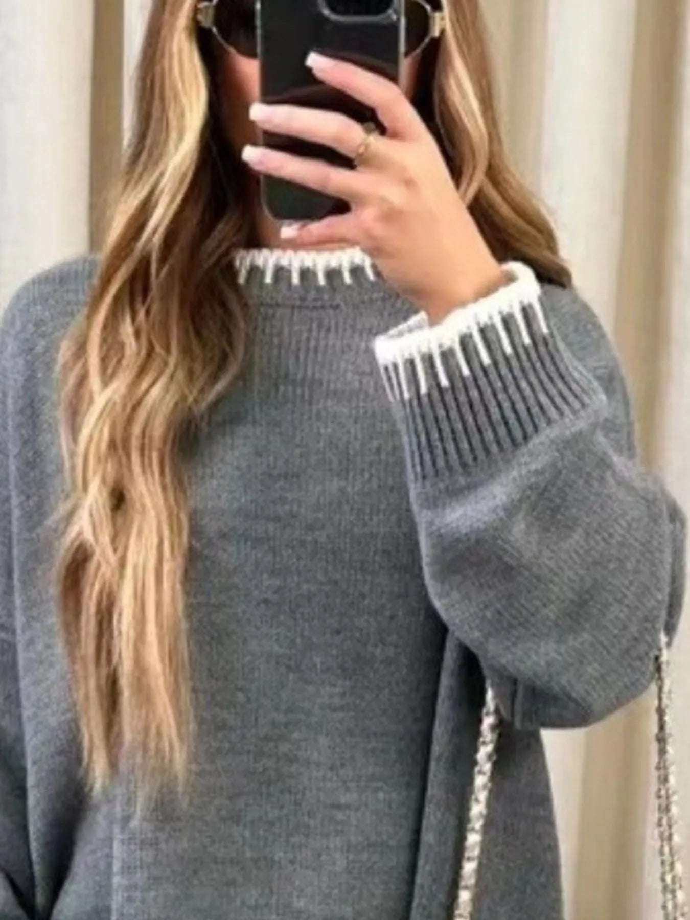 Contrast Trim Round Neck Top and Pants Sweater Set NicholesGifts