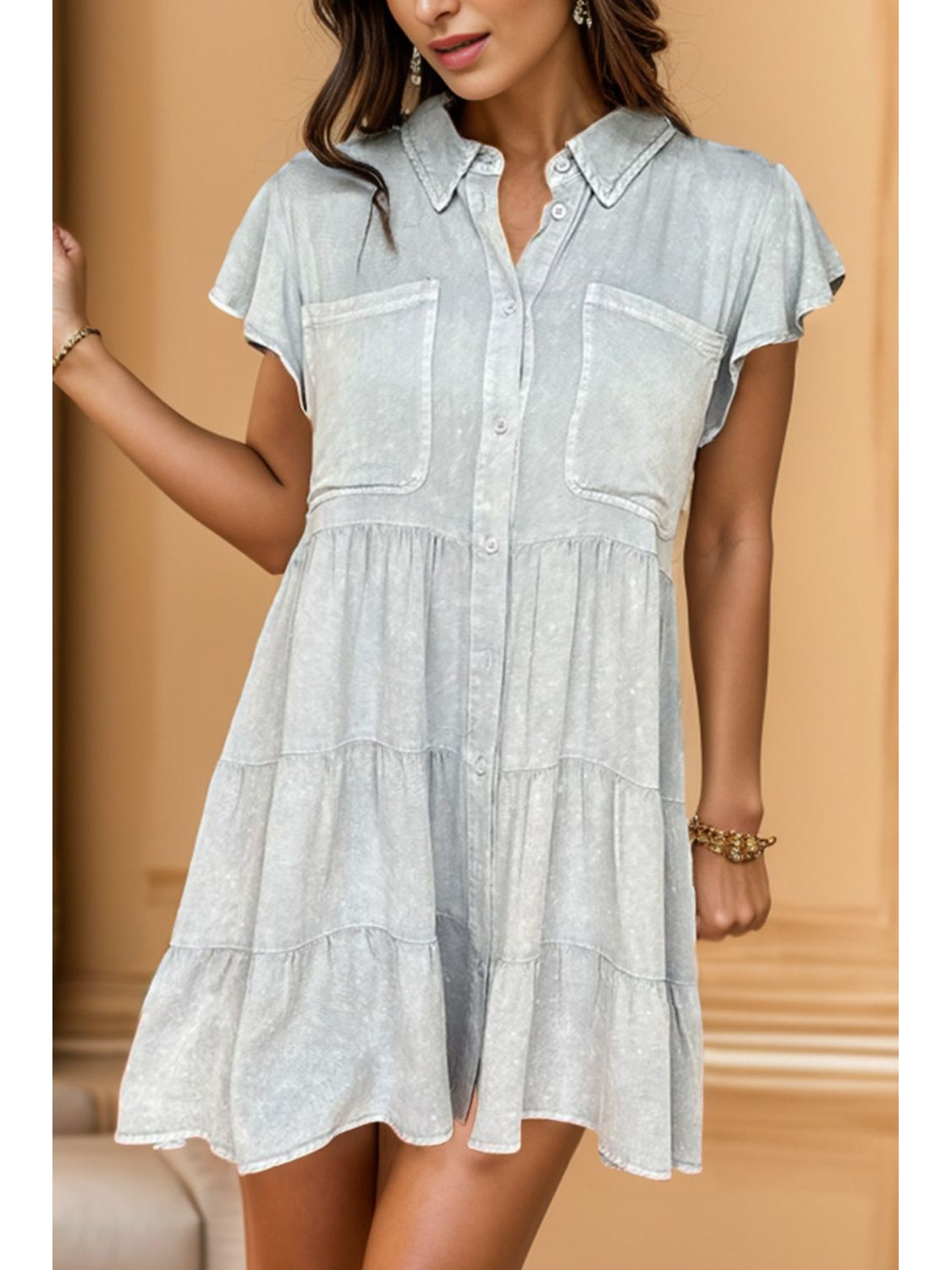 Women Button Up Cap Sleeve Denim Dress nicholesgifts