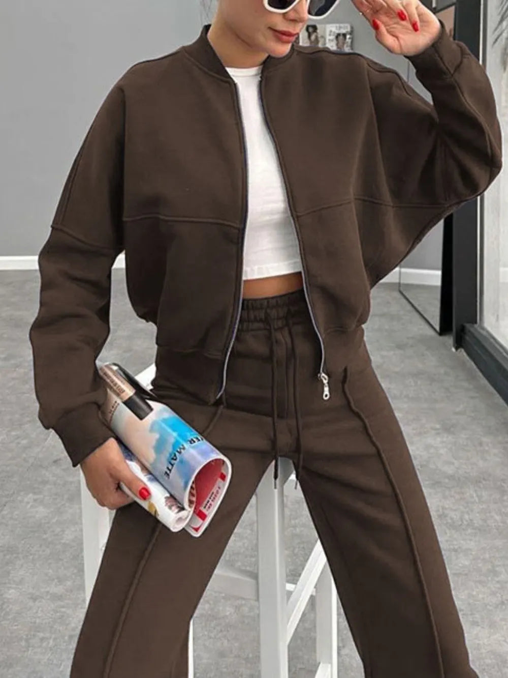 Baseball Collar Zip Up Outerwear and Drawstring Pants Set nicholesgifts
