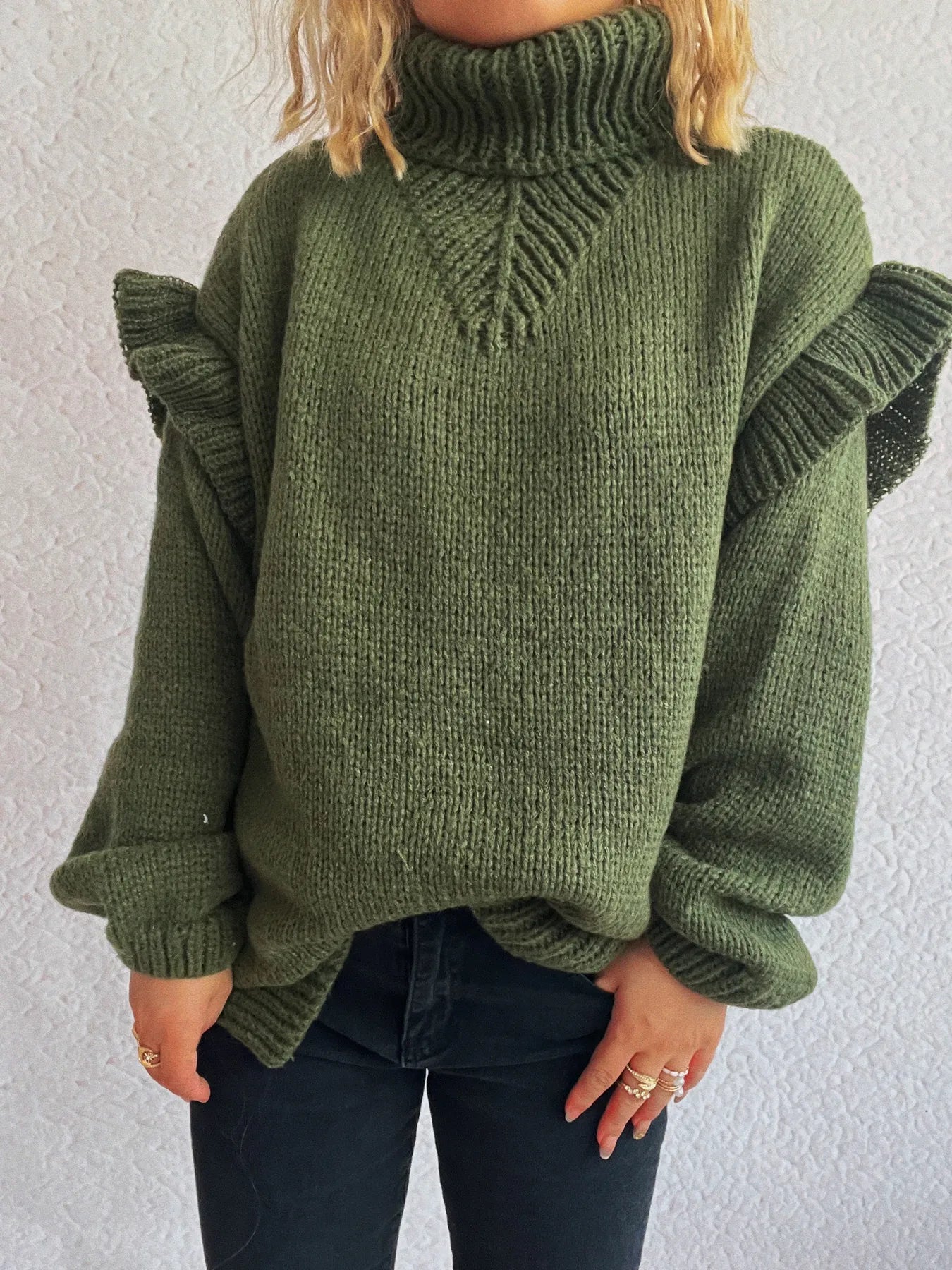 Women Ruffled Turtleneck Long Sleeve Sweater