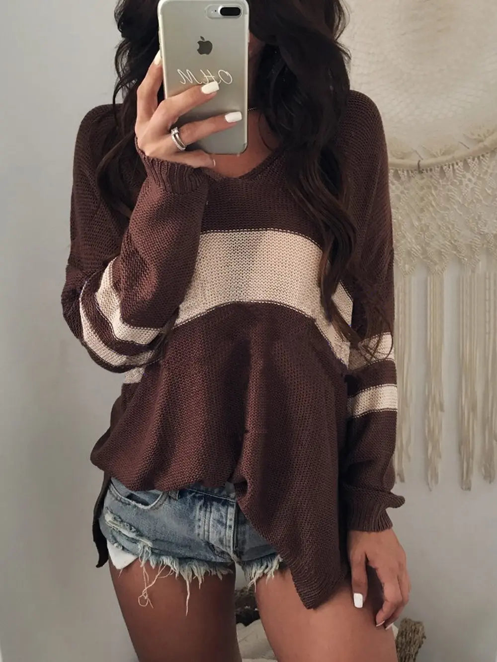 Striped V-Neck Long Sleeve Sweater Trendsi