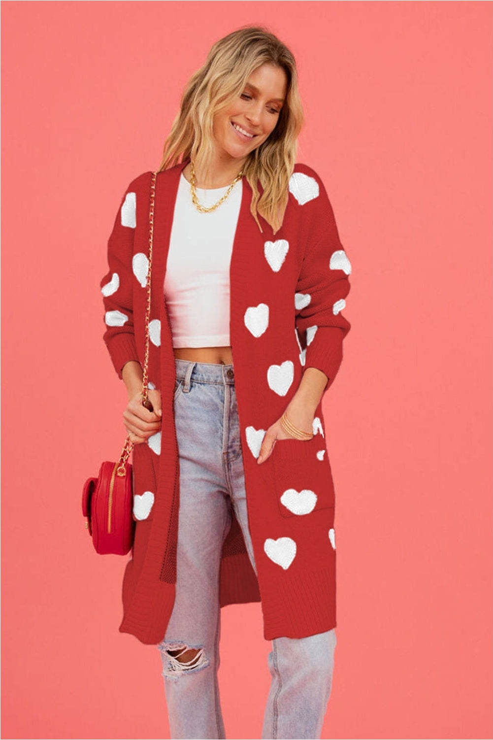 Heart Graphic Open Front Cardigan with Pockets nicholesgifts