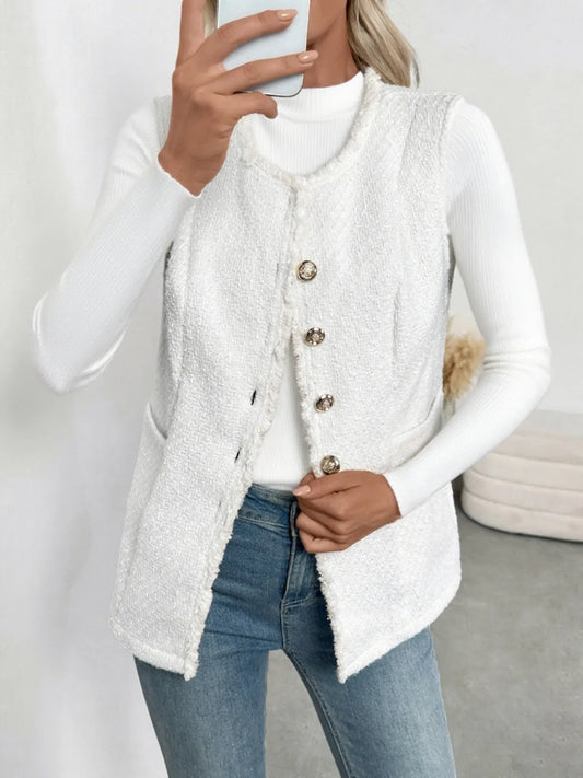 Textured Button-Front Vest with Raw Edge nicholesgifts