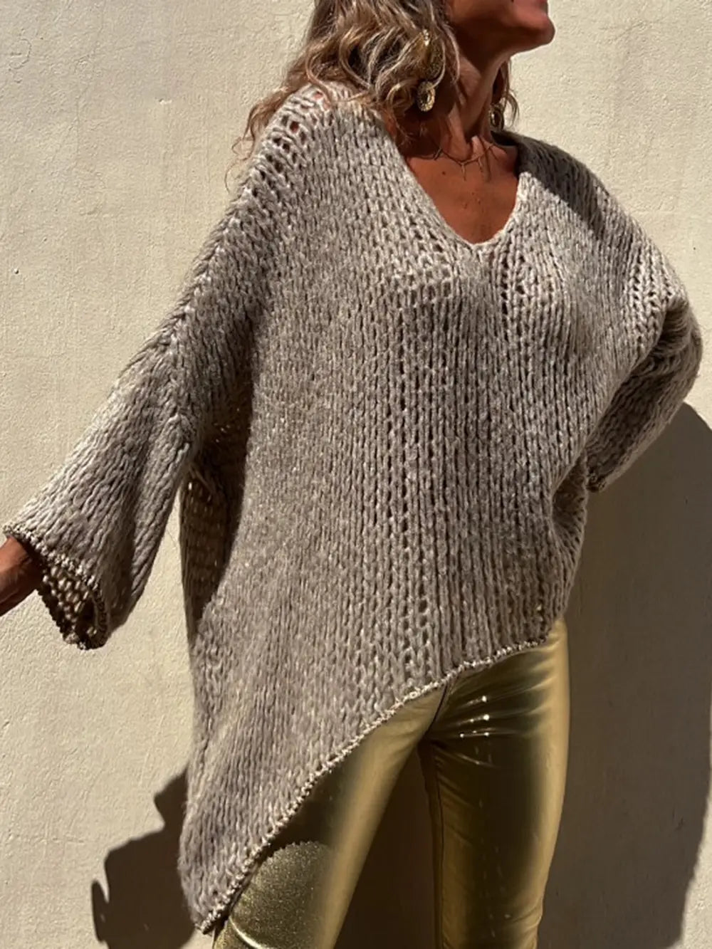 Contrast V-Neck Long Sleeve Sweater Trendsi