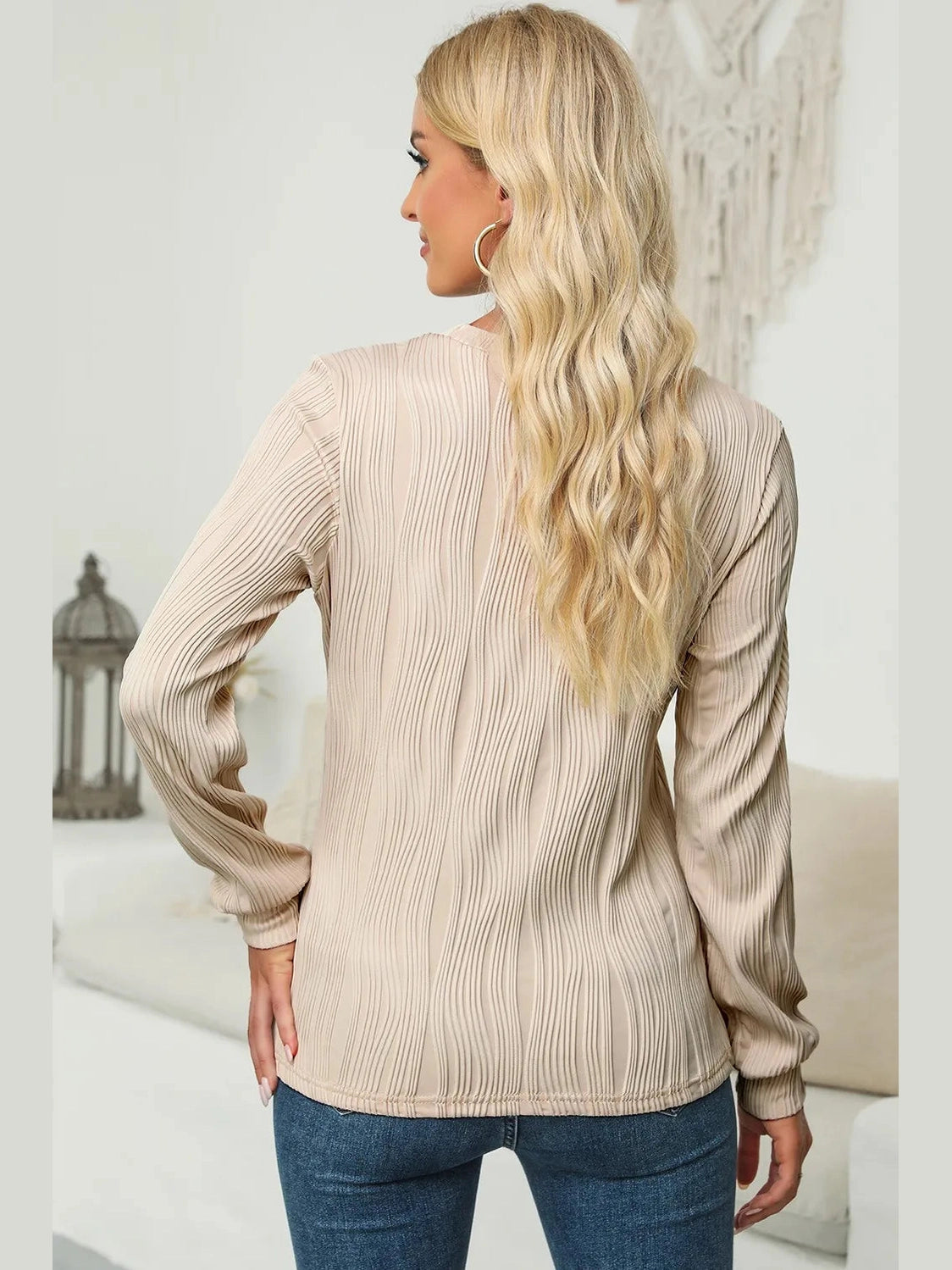 Textured Round Neck Long Sleeve Blouse NicholesGifts