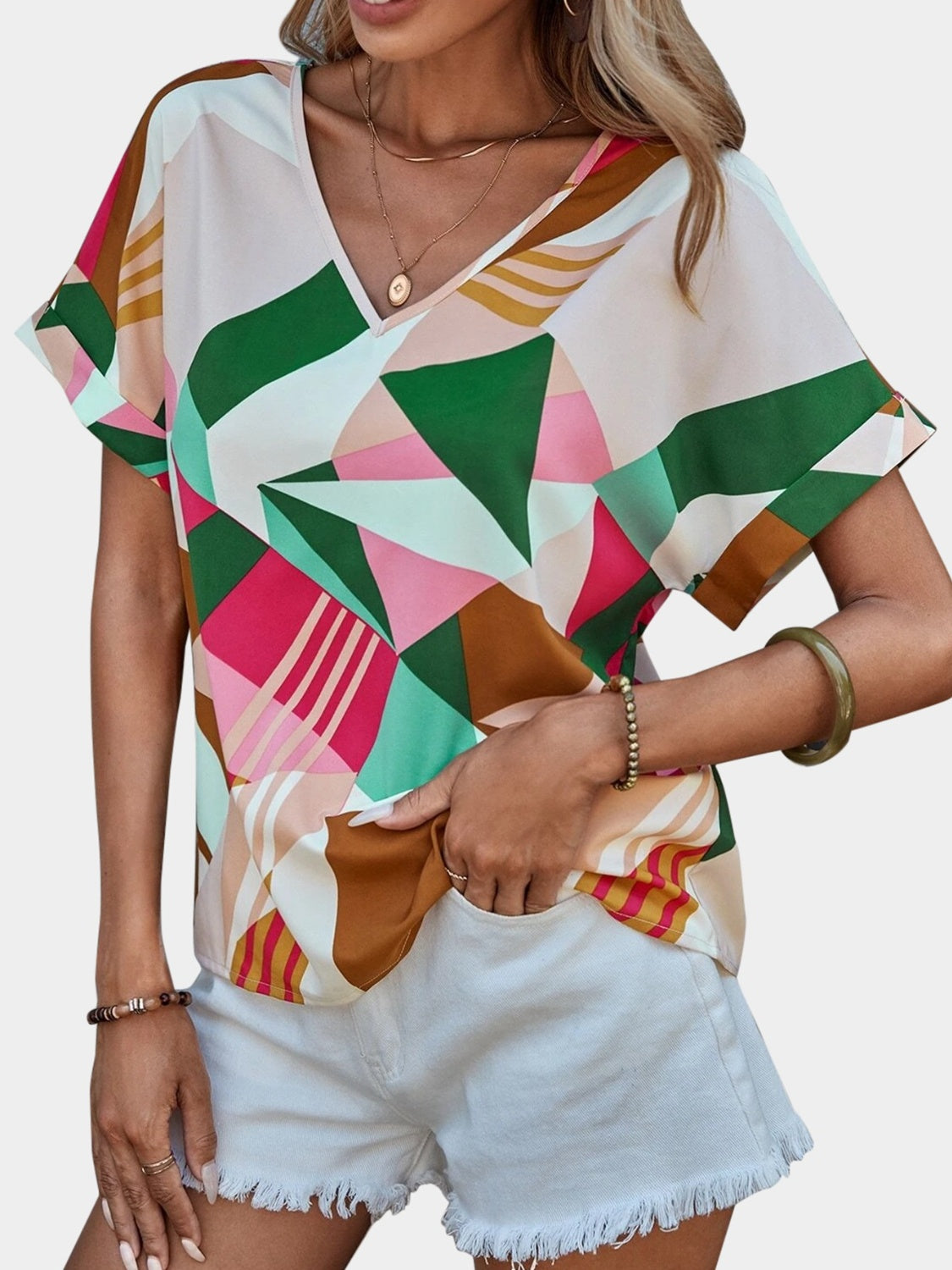 Printed V-Neck Short Sleeve Blouse nicholesgifts