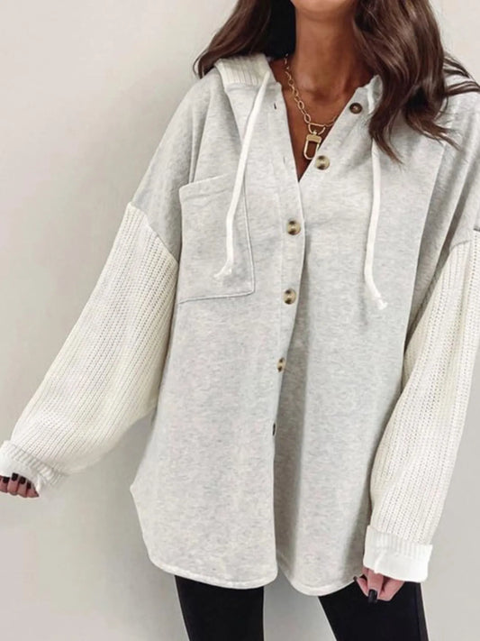 Drawstring Button Front Hoodie Trendsi