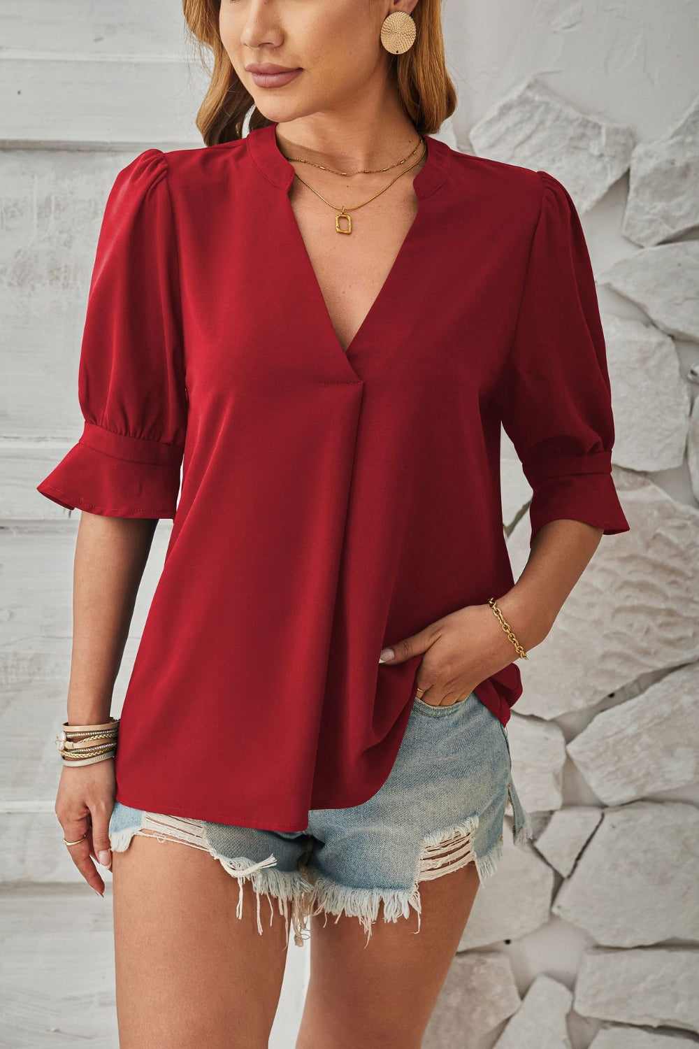 Notched Half Sleeve Blouse nicholesgifts