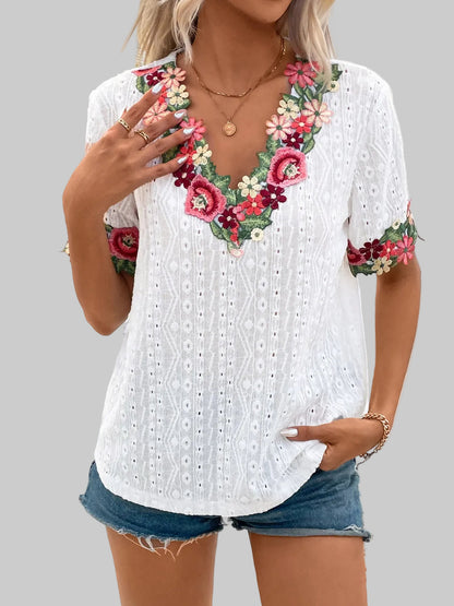 Eyelet Embroidered V-Neck Short Sleeve Blouse nicholesgifts