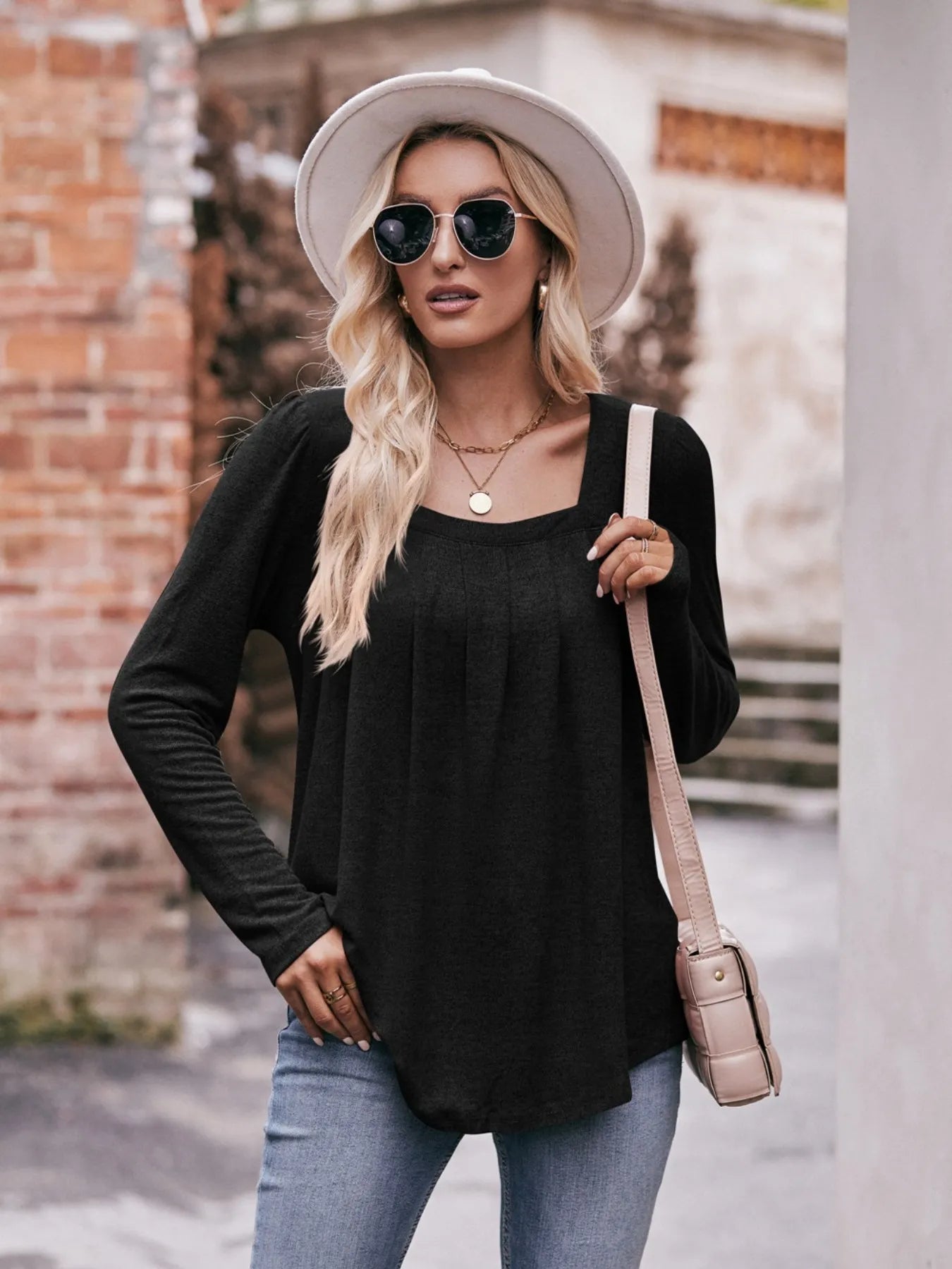 Square Neck Long Sleeve T-Shirt Trendsi