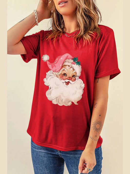 Women Santa Round Neck Short Sleeve Christmas T-Shirt nicholesgifts