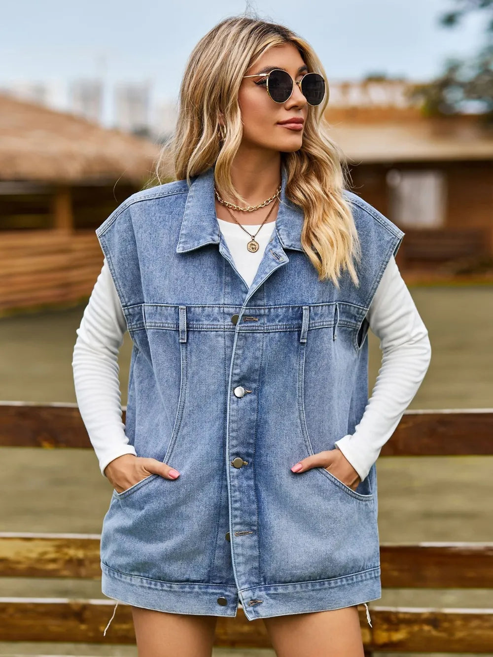 Button Up Collared Neck Sleeveless Denim Jacket nicholesgifts