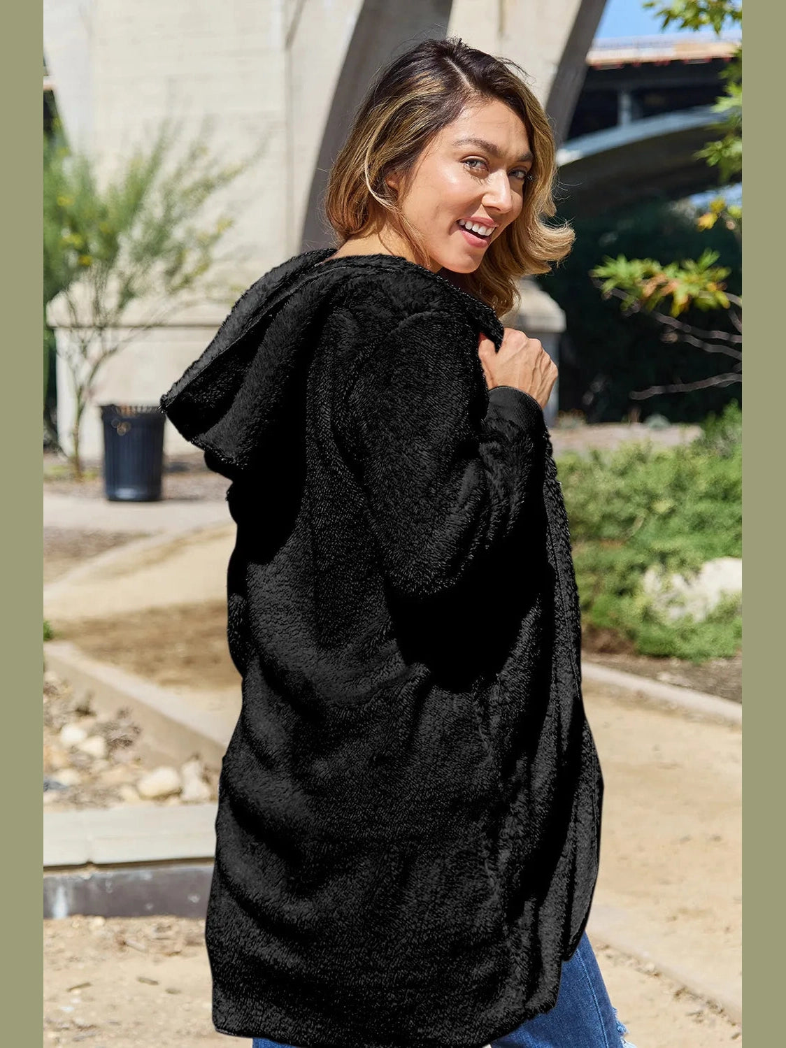 Double Take Full Size Hooded Teddy Bear Jacket with Thumbholes nicholesgifts