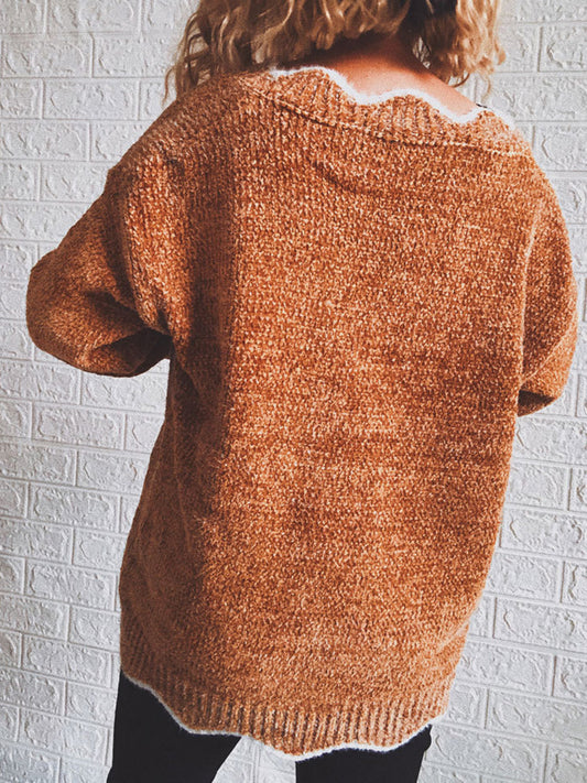 Notched Dropped Shoulder Long Sleeve Sweater nicholesgifts