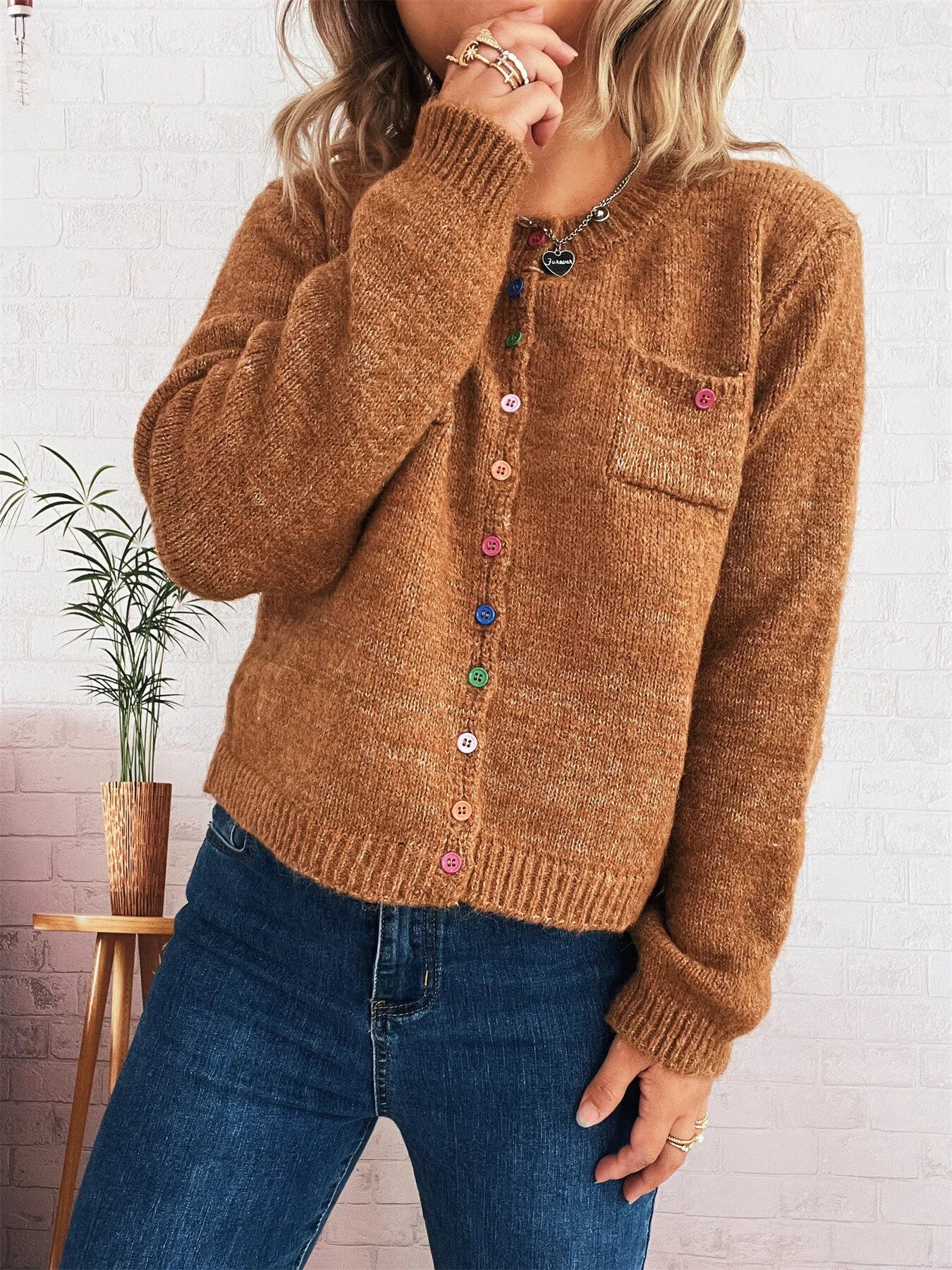 Button-Up Ribbed Hem Cardigan with Chest Pocket