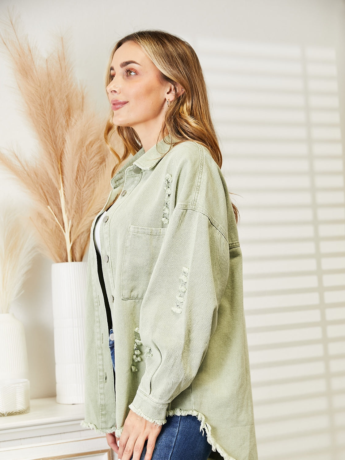 Distressed Raw Hem Denim Jacket nicholesgifts