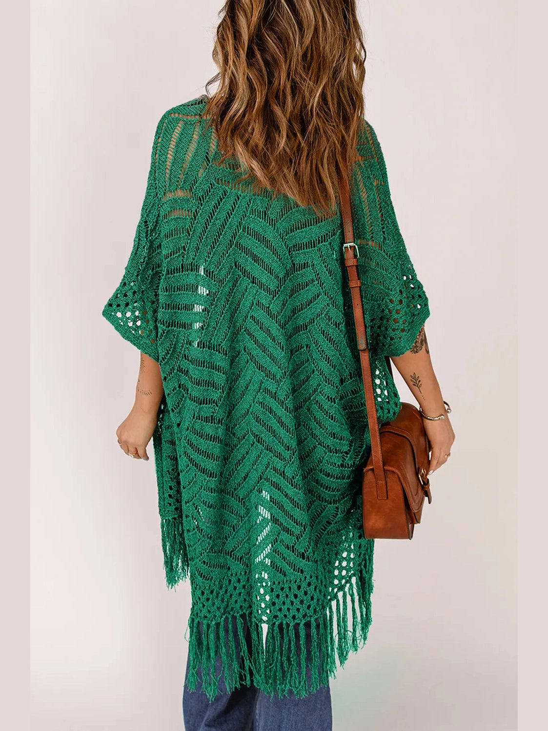 Openwork Open Front Cardigan with Fringes nicholesgifts