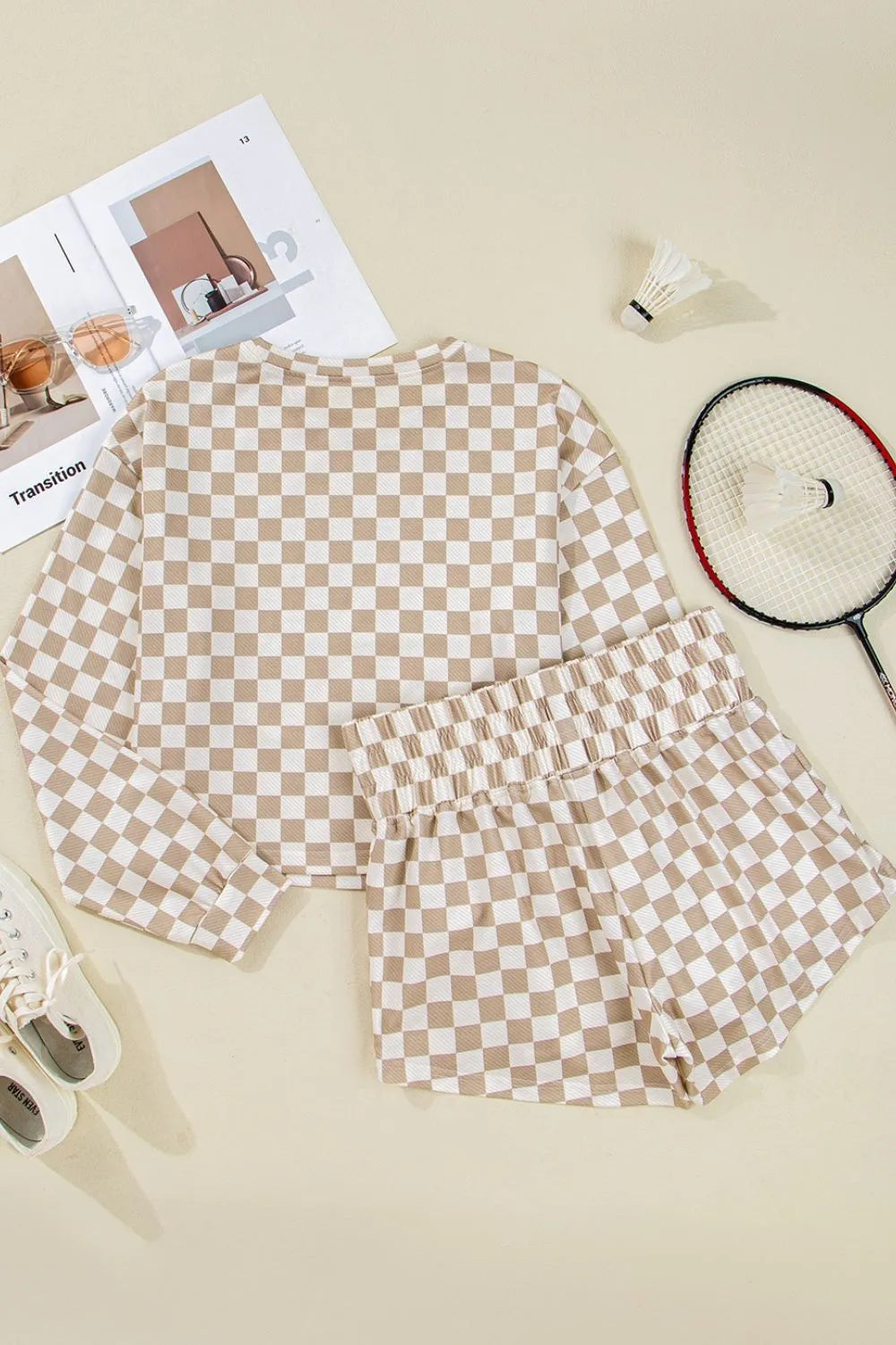 Checkered Long Sleeve Top and Skirt Two-Piece Set Trendsi