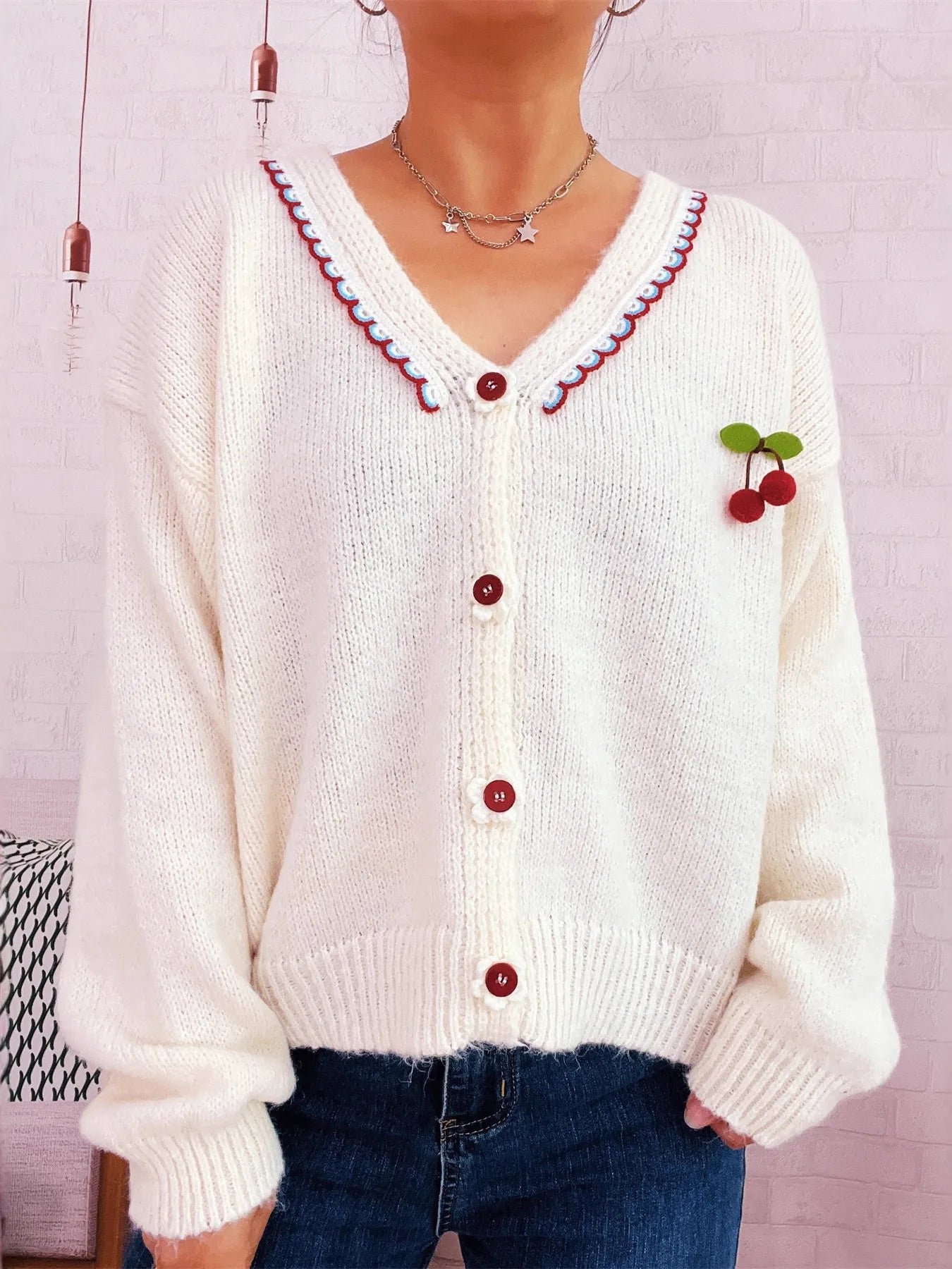 Cherry Button-Front Long Sleeve Cardigan