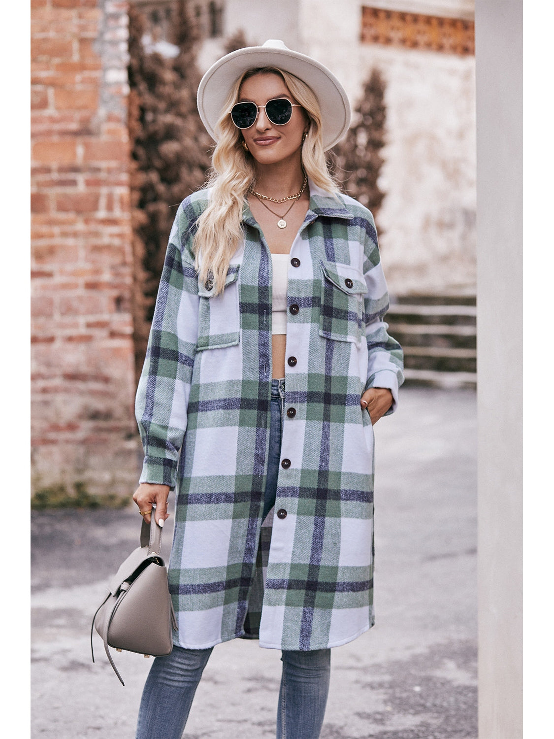NicholesGifts Women Mandy Plaid Dropped Shoulder Longline Jacket