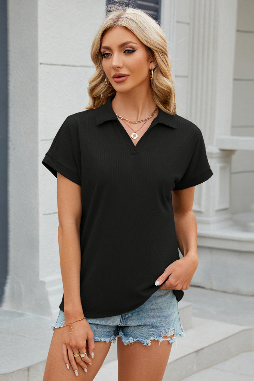 Johnny Collar Short Sleeve Blouse nicholesgifts