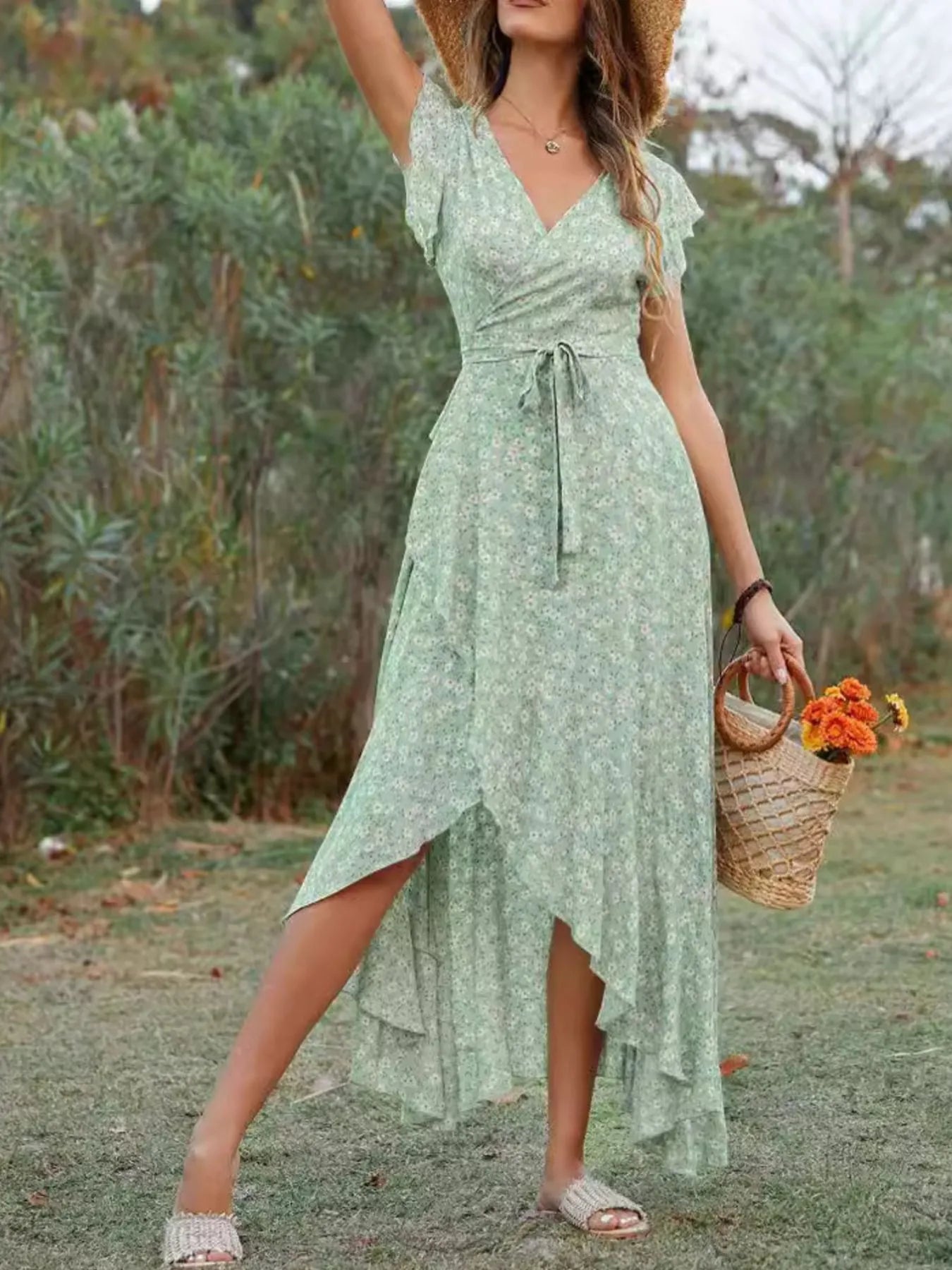 Printed Surplice Ruffle Sleeve Dress NicholesGifts