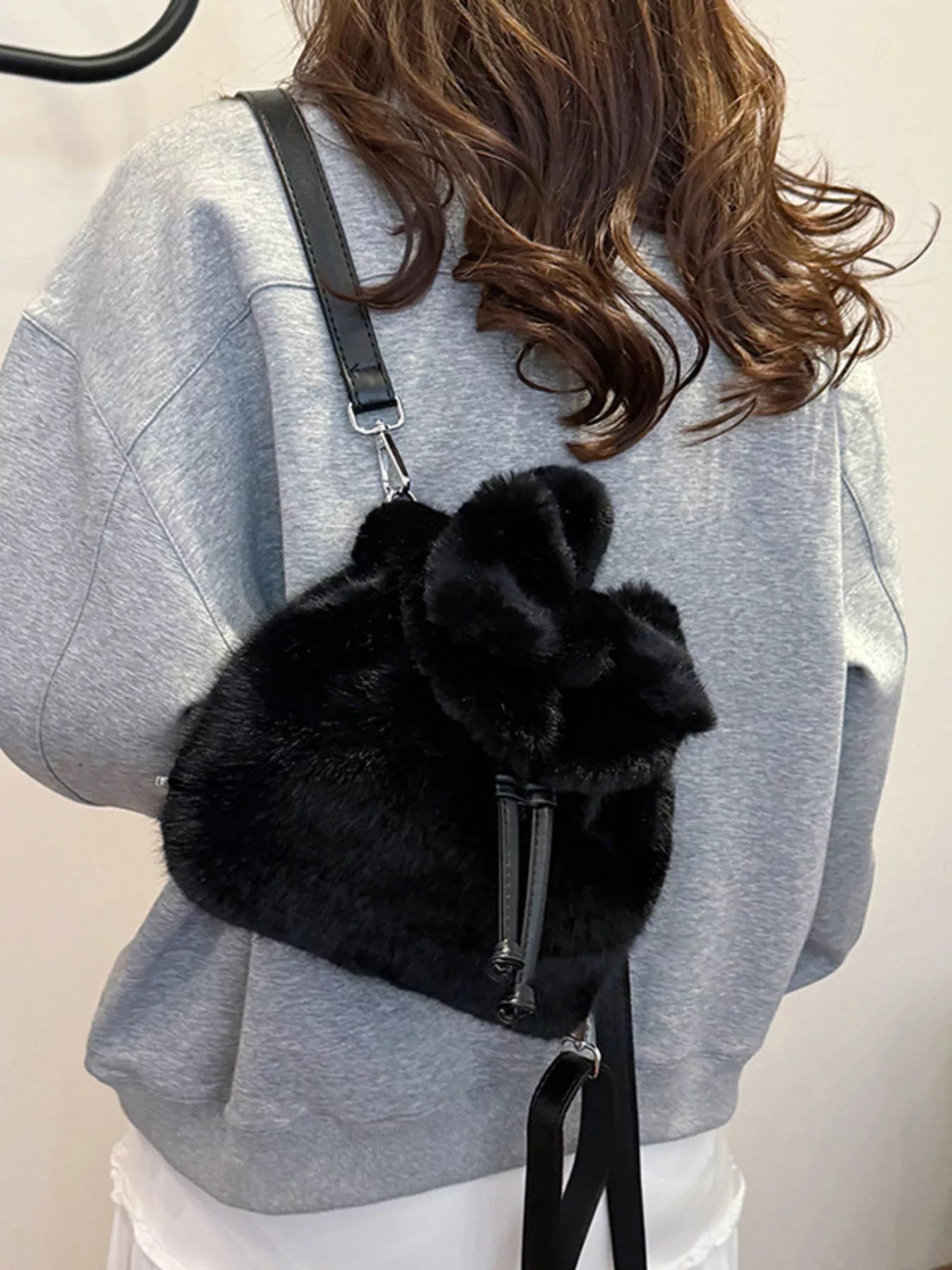 Fuzzy Plush Drawstring Backpack Bag nicholesgifts
