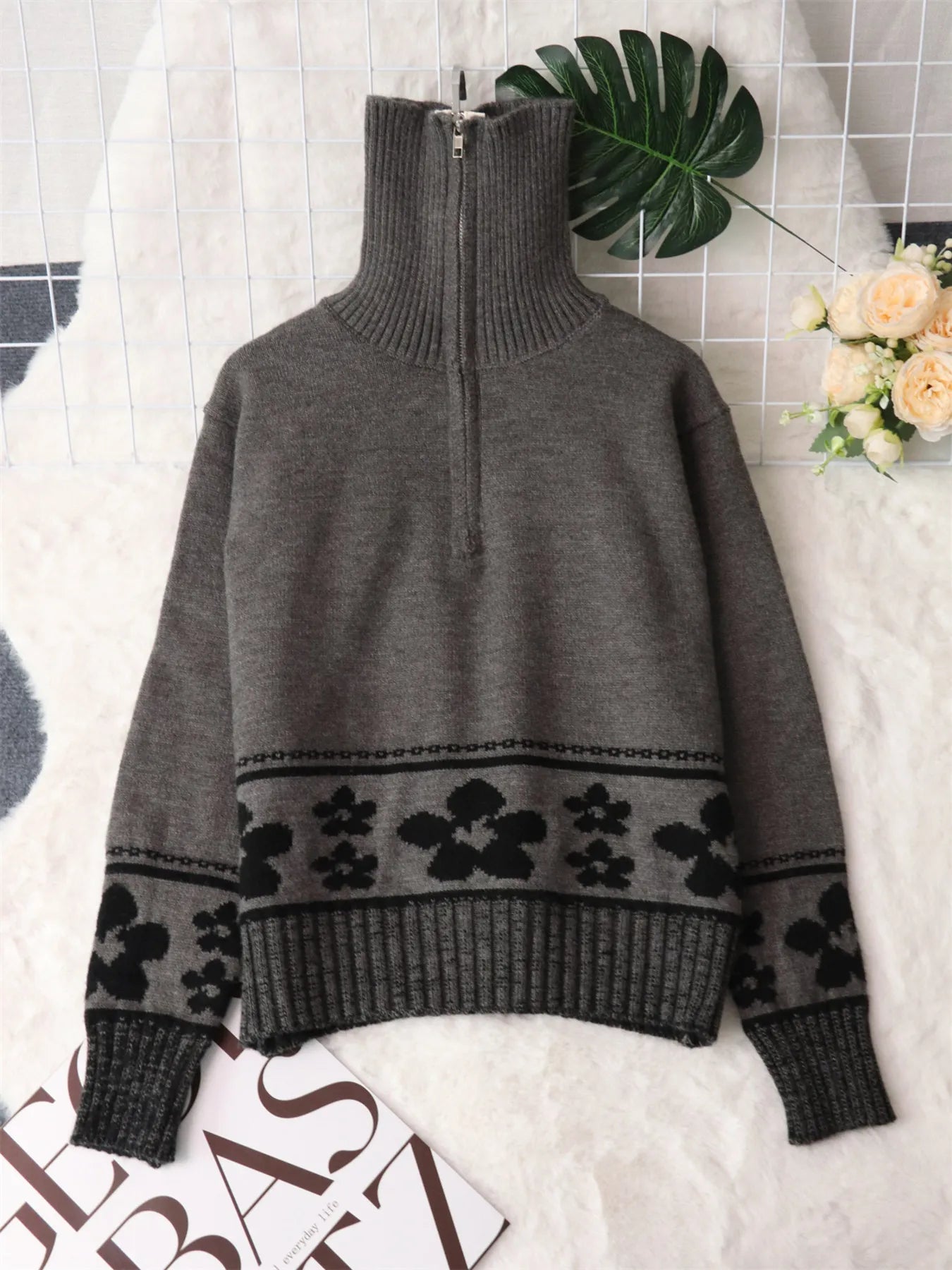 Flower Zip Collar Long Sleeve Sweater