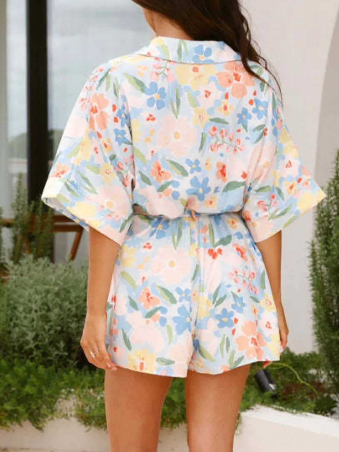 Printed Half Sleeve Tie Waist Romper nicholesgifts