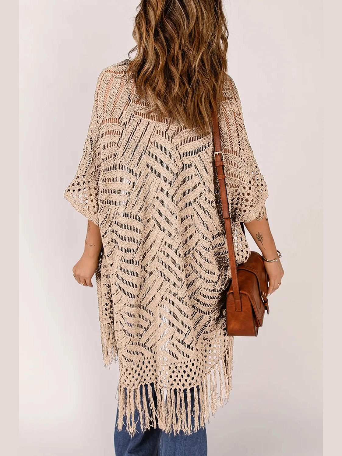 Openwork Open Front Cardigan with Fringes nicholesgifts