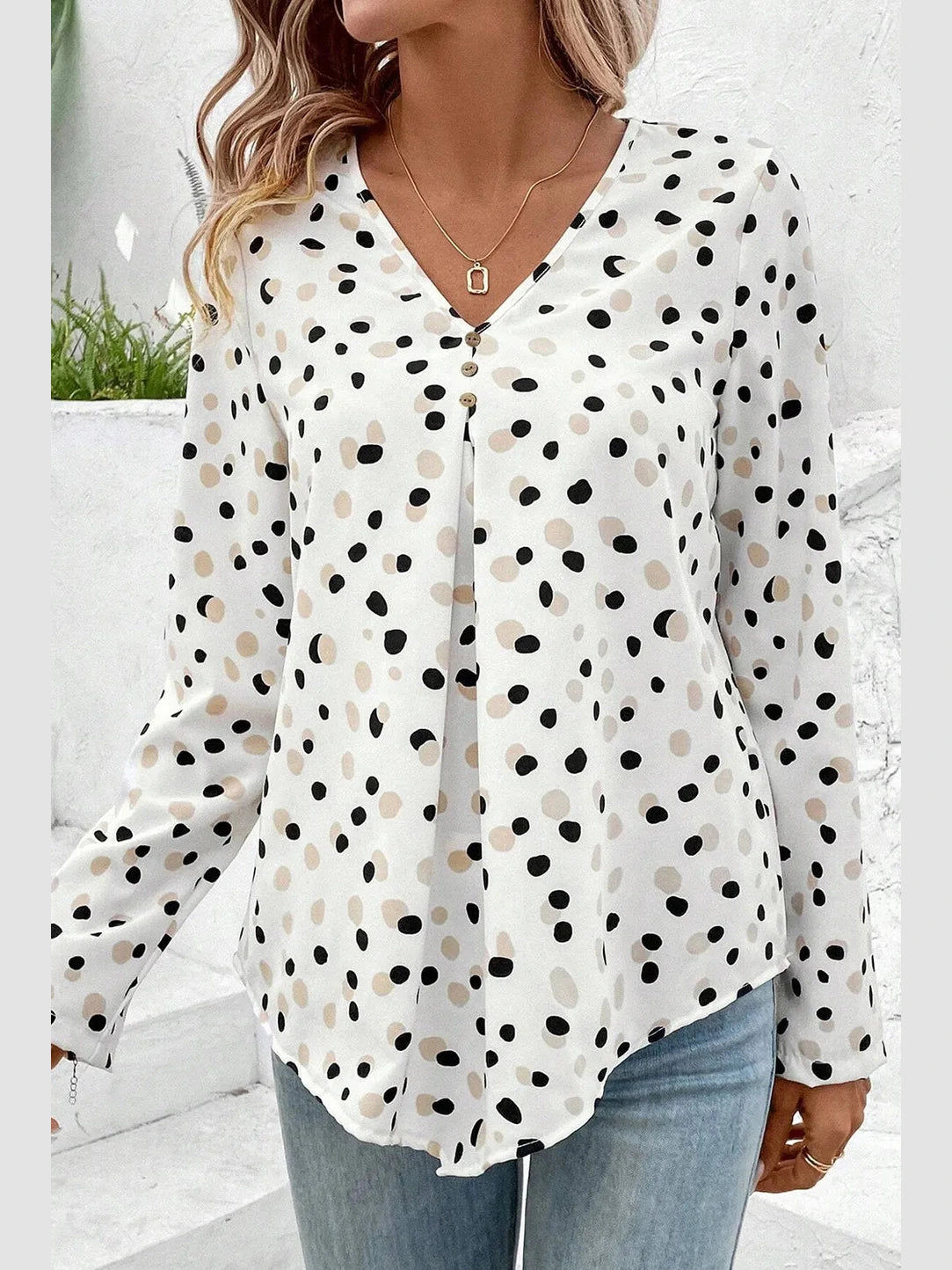 Printed V-Neck Long Sleeve Blouse NicholesGifts