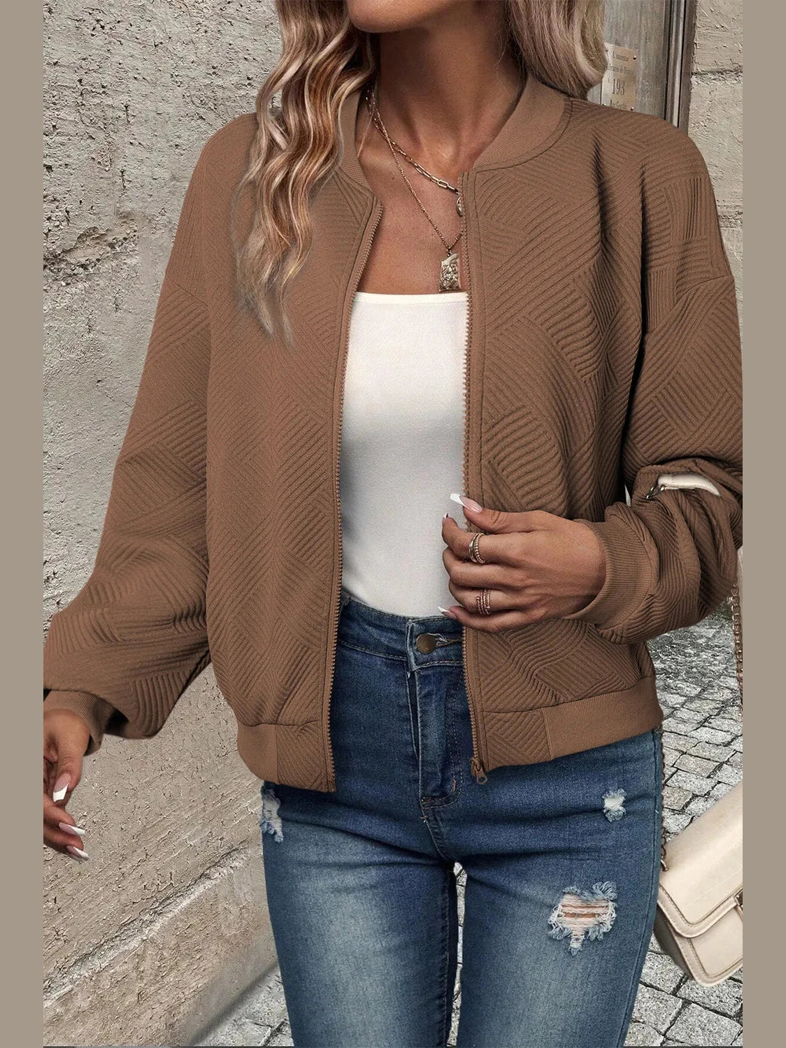 Textured Zip Up Baseball Collar Jacket Trendsi